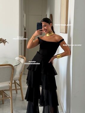 Zara Black Tiered Ruffle Wide-Leg Pants